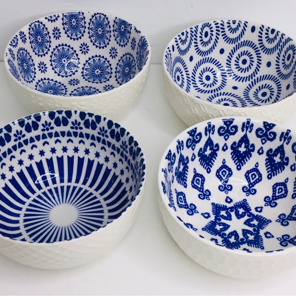 4 Signature International Shibori Tie Dye Cereal Bowls Blue White 5”